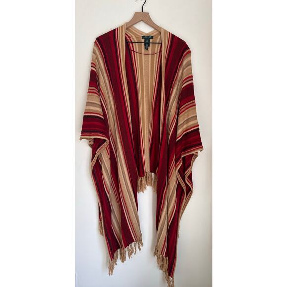 Lauren by Ralph Lauren VINTAGE Fringe Poncho Wrap in Red & Tan L/XL - Picture 1 of 7